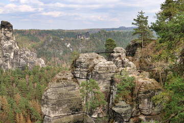 Fototapeta na wymiar Massive rock formations surrounded by lush trees. Bastei, Saxon Switzerland National Park