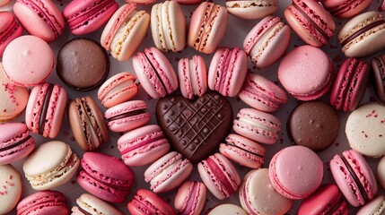 a heart-shaped pattern of pink and red macarons form an intricate design