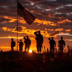 Fototapeta na wymiar A powerful image of soldiers' silhouettes saluting at dawn or dusk, framed by the USA flag, commemorating significant American patriotic holidays