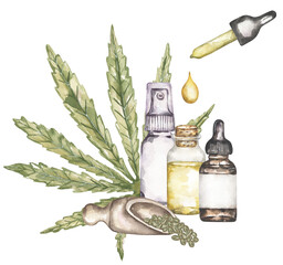 Marijuana and cannabis oil drop watercolor illustration, Green Marijuana Leaves and bootle, Cannabis leaf composition - 764625912