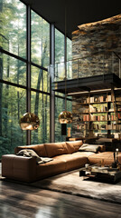 Living room with book shelves with full with books in modern forest house.