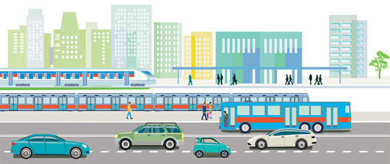 Bahnverkehr und Straßenverkehr mit Bahnhof,, Menschen  Illustration