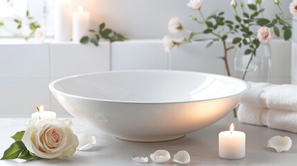 Elegant white bathroom interior with modern vessel sink, rose and candles