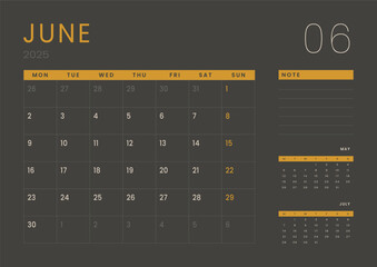 Monthly page Calendar Planner Templates of June 2025. Vector layout of simple calendar with week start Monday for print. Page for size A4 or 21x29.7 cm in dark color