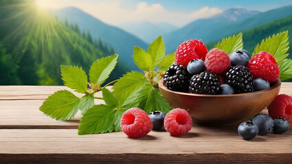 berries on a wooden table. copy space