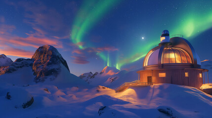 Observatory Under Northern Lights in Snowy Mountains - obrazy, fototapety, plakaty