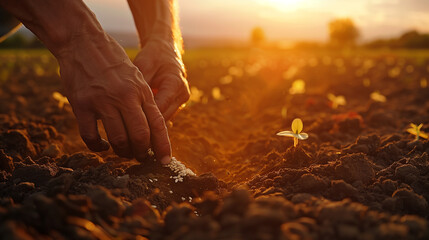 Hand Planting Seeds in Fertile Soil at Sunset