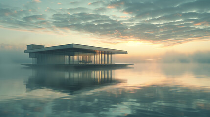 Misty Lake House at Dawn