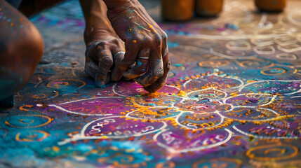 Capture the beauty of rangoli designs created on the streets and doorsteps during Holi, using close-up photography to showcase the intricate patterns and vibrant colors.