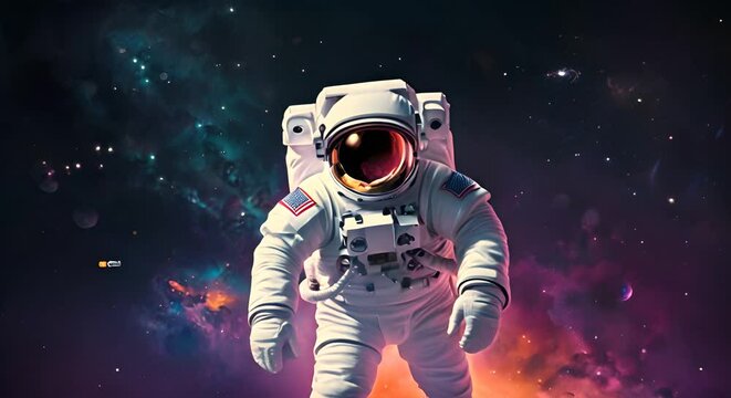 Animation of astronaut flying in space with galaxy and stars. Elements of this image furnished by NASA