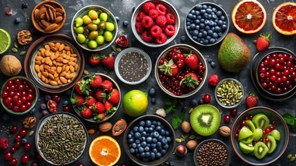 Selection of healthy food. Superfoods, various fruits and assorted berries, nuts and seeds - obrazy, fototapety, plakaty