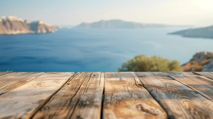 Empty wooden table top with a blur view of the coastline of a Greek island 