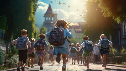 Group of elementary school kids running at school, back view