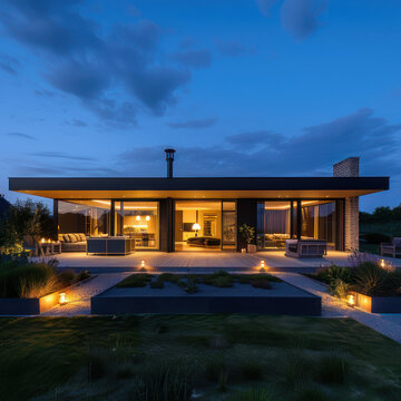 Panoramic photo of a modern house with outdoor and indoor lighting, at night	