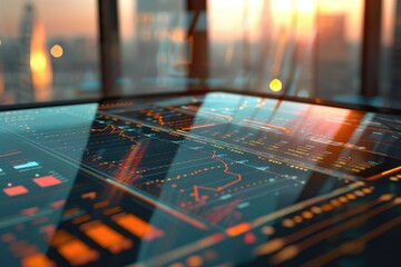 Obraz premium Advanced data analytics on holographic screens over a laptop in an office at sunset, showcasing modern business intelligence technology - AI generated