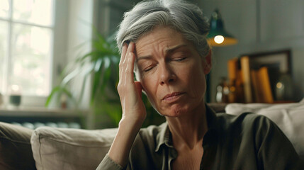 a middle-aged woman with grey hair and light skin  with headache, pain, sick, illnes