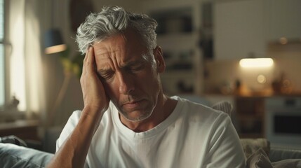 Obraz premium A middle-aged man with grey hair and light skin with headache, pain, sick, illnes