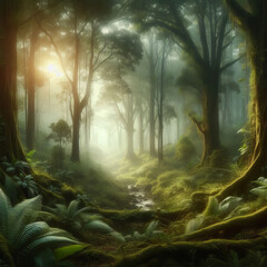 Foggy tropical forest with ferns, trees and sunlight