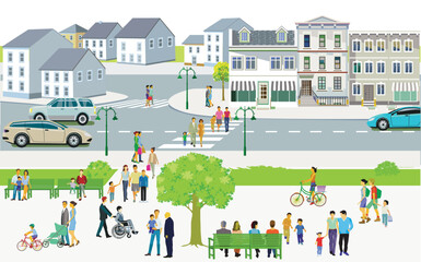 Stadtsilhouette mit Menschengruppen in der Freizeit im Wohnviertel, Freisteller – Neutraler Hintergrund, pictogram Illustration