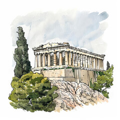 Watercolor illustration of the Parthenon in Athens, Greece, surrounded by lush greenery, ideal for history-themed materials and educational content