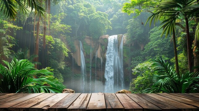  Empty wooden table top with jungle landscape with waterfall