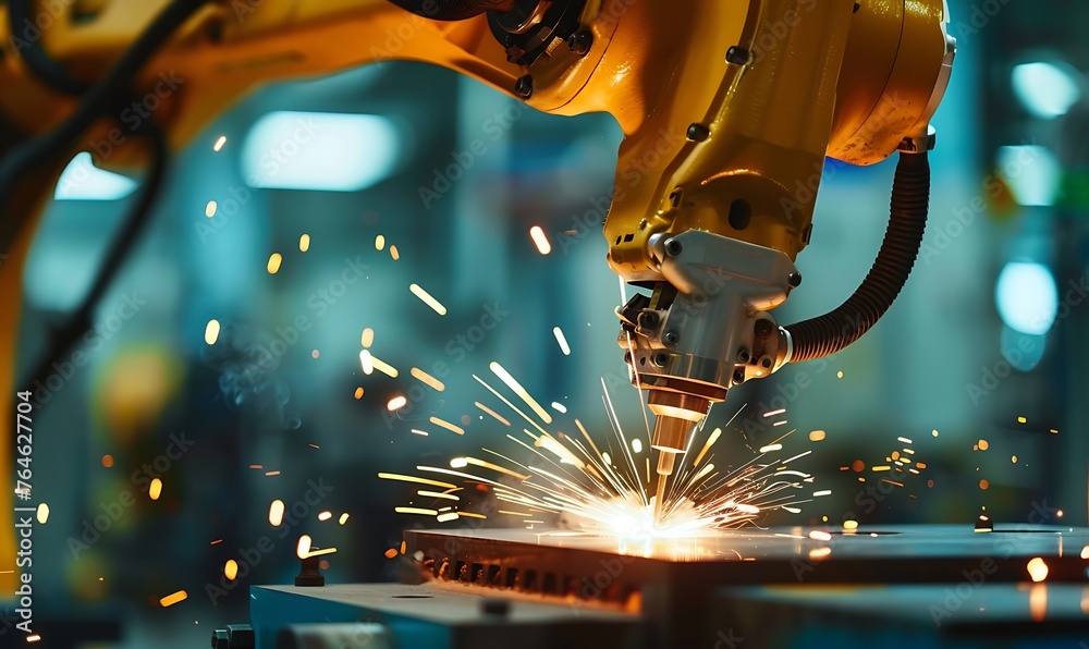 Poster robotic precision, close-up on automated welding in modern manufacturing