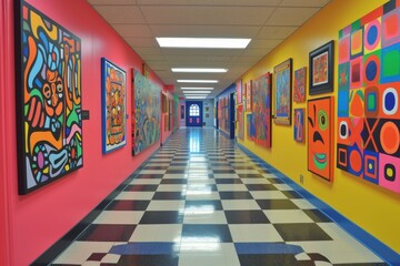 A school corridor transformed into an art gallery for student exhibitions
