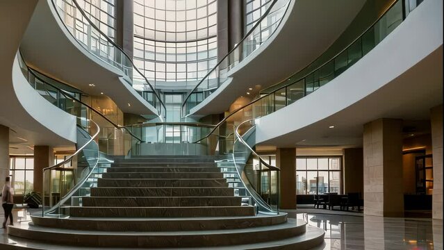 Video animation of Modern Architectural Elegance, prominent spiral staircase with glass railings is the focal point.