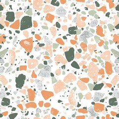 Terrazzo pattern in peach, green and white color palette, simple shapes, minimalistic, white background
