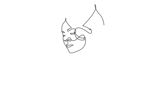 Self drawing one line animation of two faces - one inside the other. Animated abstract art.