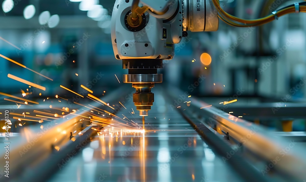 Poster robotic precision, close-up on automated welding in modern manufacturing