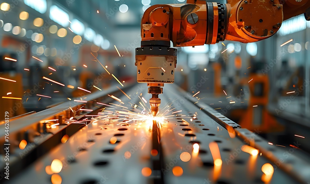 Poster robotic precision, close-up on automated welding in modern manufacturing