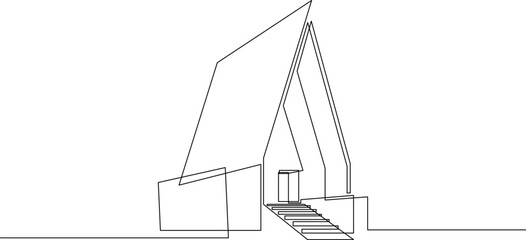 Modern house in continuous line art drawing style. Contemporary building model linear design. Vector illustration.