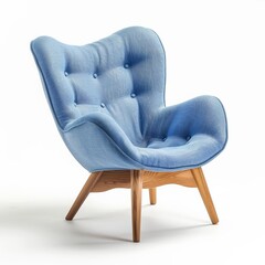 Modern blue fabric armchair with wooden legs isolated on white background, ideal for interior design concepts and furniture promotions, with space for text