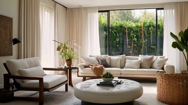 Video animation of  modern living room oasis with an elegant and minimalist design, room features a large window adorned with sheer curtains, allowing abundant natural light to flood the space