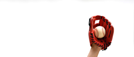 Hand with leather baseball glove and ball on white background. Fitness, sports and training concept