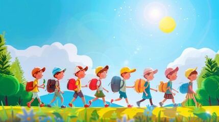 Group of children walking to school on a sunny day: back to education concept"