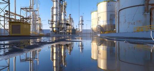 Modern industrial gas and oil refinery, showcasing large storage tanks and pipelines with a clear blue sky, epitomizing energy and chemical processing - AI generated