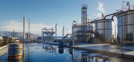 Fototapeta na wymiar Modern industrial gas and oil refinery, showcasing large storage tanks and pipelines with a clear blue sky, epitomizing energy and chemical processing - AI generated