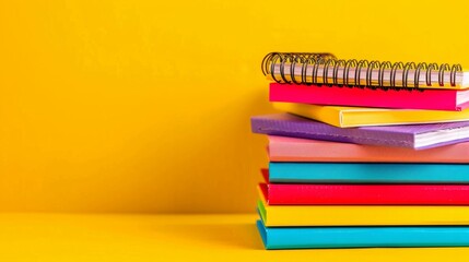 Colorful back to school supplies: stack of blocks and spiral notebooks on bright yellow background with copyspace, top view, flat lay