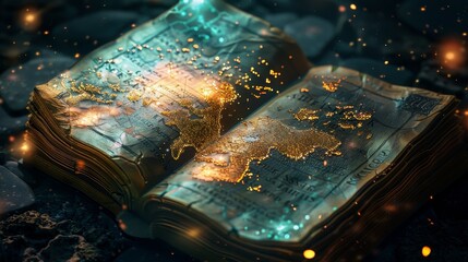 Fantasy background with magic book and ancient treasure map.