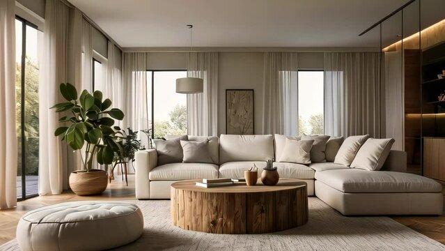 Video animation of modern and elegant living room flooded with natural light. The spacious room features a comfortable sectional sofa in neutral tones