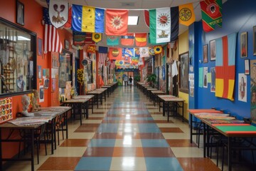 A school hallway during a cultural exchange event - obrazy, fototapety, plakaty