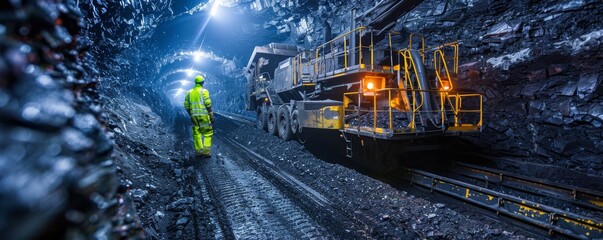 Industrial coal mining machinery working inside a dark mine