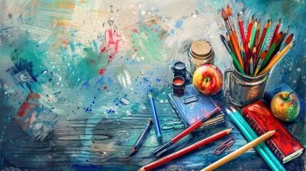 Vibrant back to school banner featuring art supplies on a playful tumblr background
