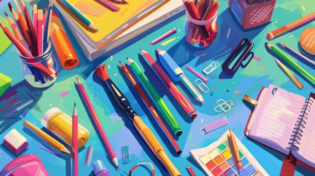 Vibrant back to school banner featuring art supplies on a playful tumblr background