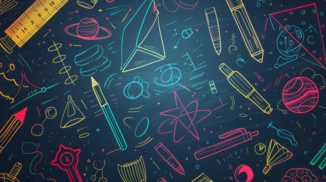 abstract back to school blackboard background with linear style drawings of school supplies
