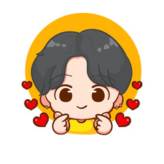 Cute boy love hand sign gesture cartoon character. Korean style fashion. People expression concept design. Chibi vector illustration. Isolated white background