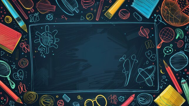 abstract back to school blackboard background with linear style drawings of school supplies
 - Powered by Adobe