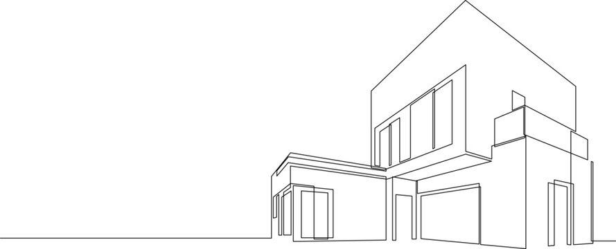 One continuous line drawing of flat roof house or shop. Minimalist style black linear sketch of modern building isolated on white background. Vector illustration.